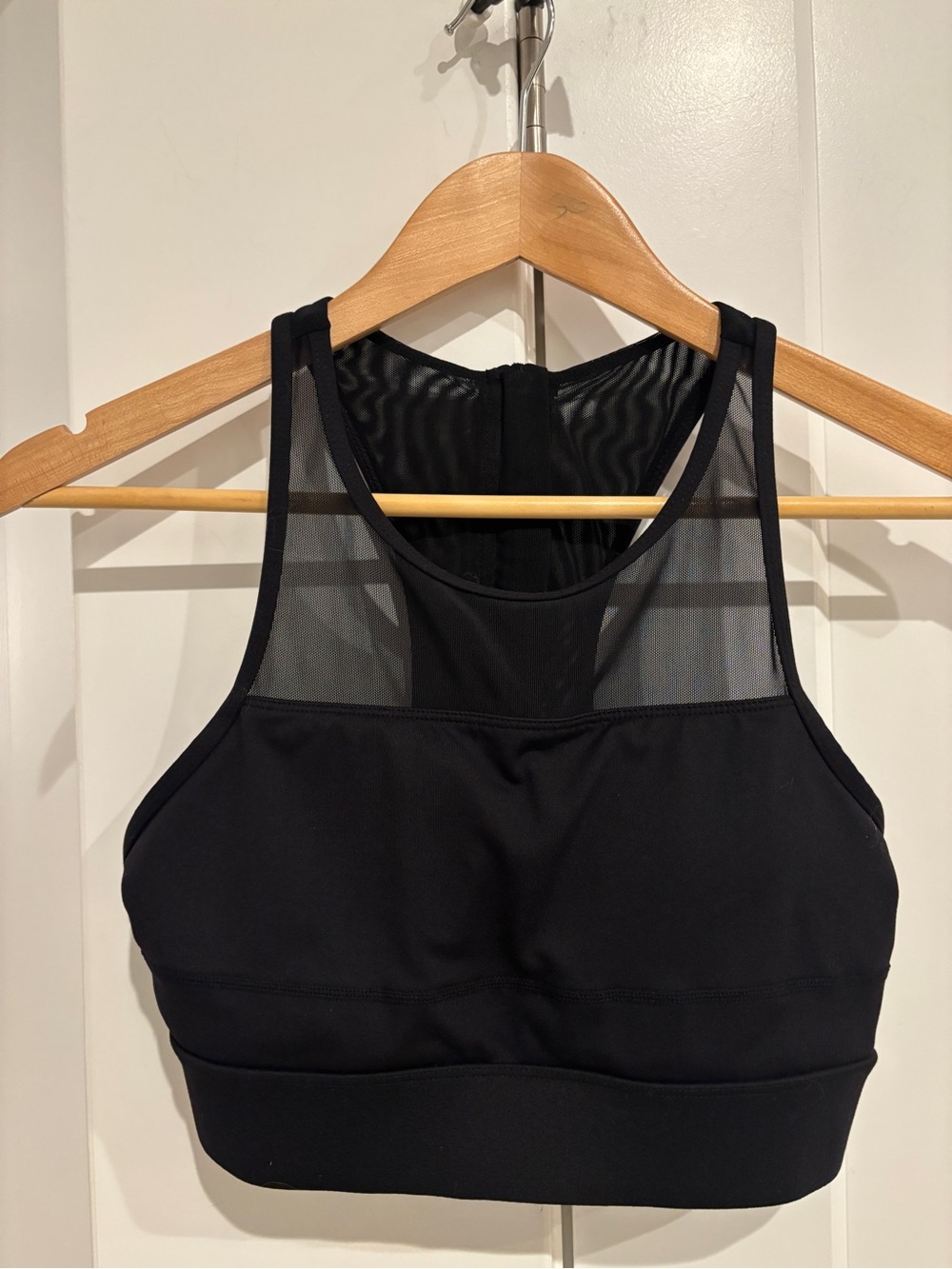 Zyia Active High-Neck Black Mesh Sports Bra with Back Zipper. Size M